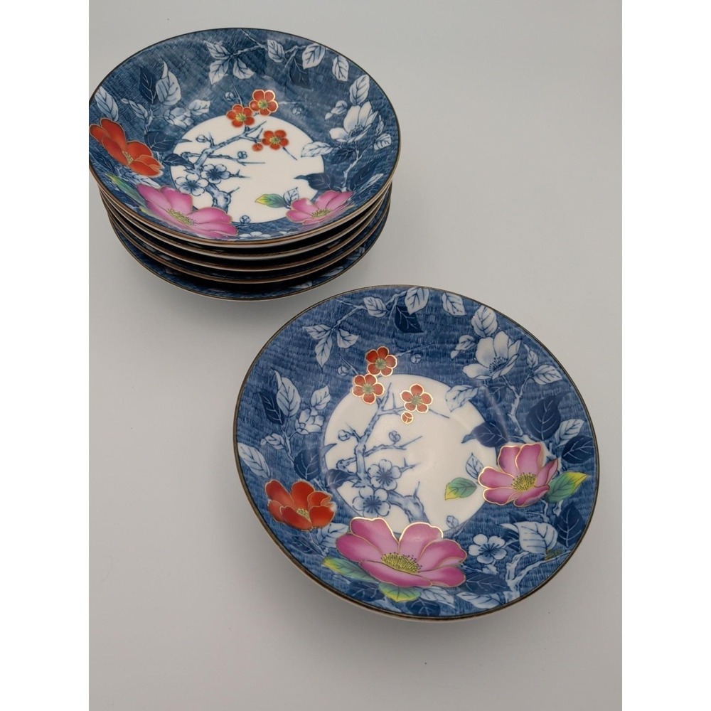 Vintage Korean Porcelain Bowls,  Set of 6 Blue/Pink/Red Floral Pattern 6.5"